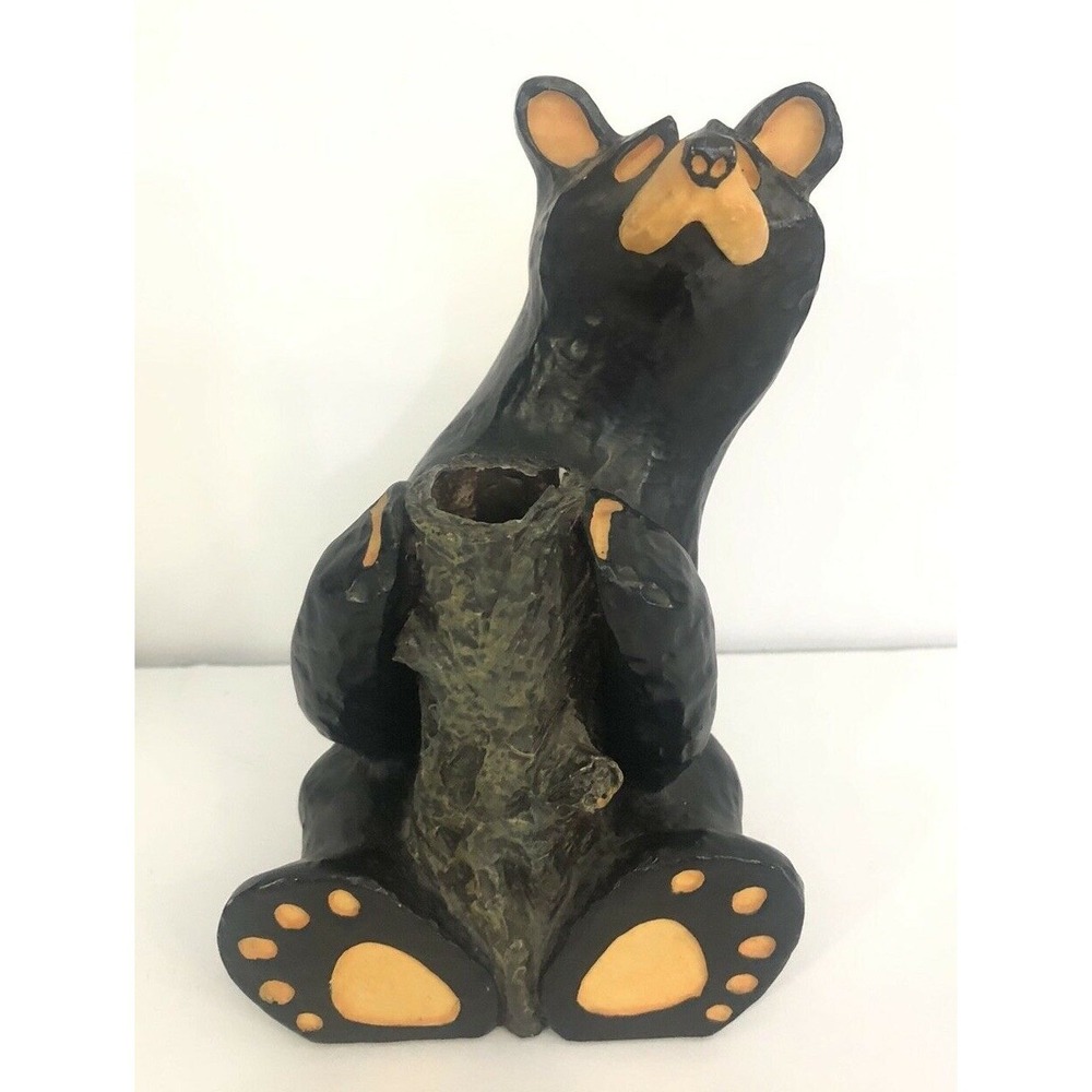 Bearfoots Jeff Flemming Figure Black Bear Holding Tree Stump Candle Holder
